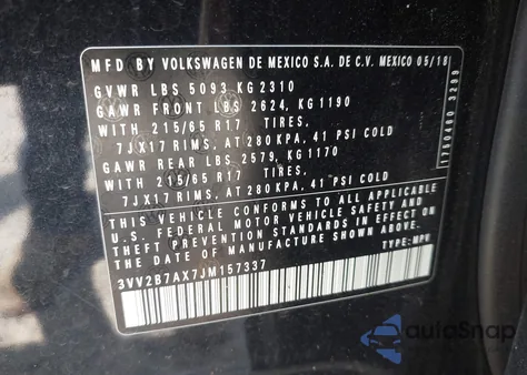 2018 Volkswagen Tiguan 2.0T Se/2.0T Sel z USA, uszkodzony, nr VIN 3VV2B7AX7JM157337